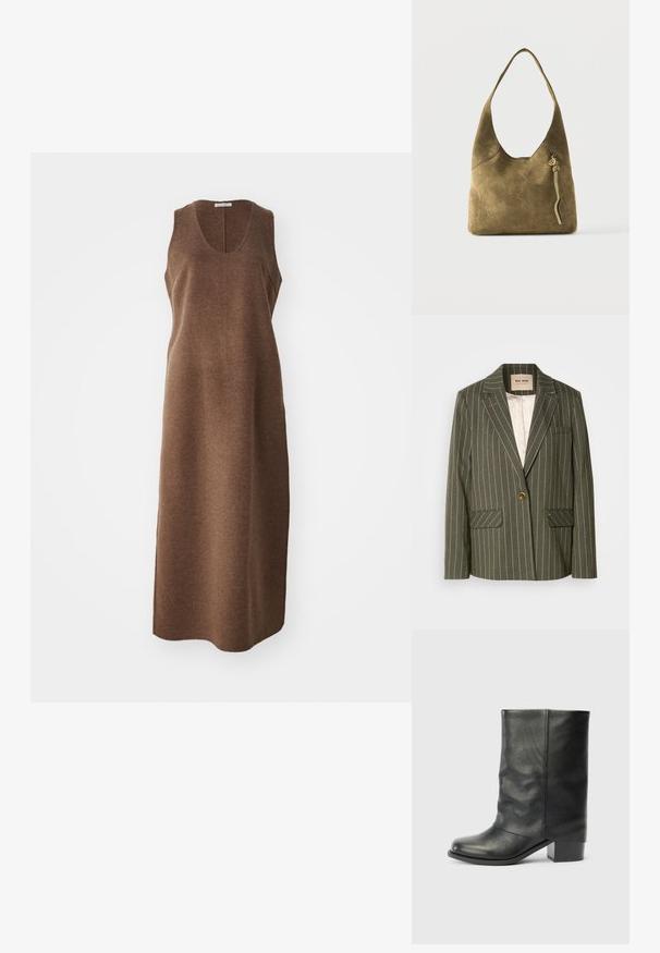Oliven grøn blazer med hvide lodrette striber, enkelt knaplukning, to frontlommer og klapkrave-design.; Ærmeløs, knælængde brun uldkjole med rund udskæring og en lige, let tætsiddende silhuet.; Sort læderstøvle til midt på læggen med spids tå og blokhæl, stående mod en ensfarvet lys grå baggrund.; Olivengrøn ruskind skuldertaske med en enkelt rem, afrundet topkant og dekorativ kvast med guldtalismand foran.