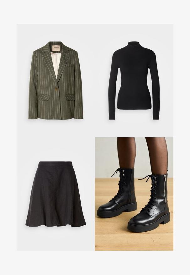 Oliven grøn blazer med hvide lodrette striber, enkelt knaplukning, to frontlommer og klapkrave-design.; Sort turtleneck sweater lavet af let strikket stof. Har lange ærmer, et tætsiddende design og en blød ribbet tekstur.; Sort linærnederdel med en udvidet design, der har en talje og sømme. Stoffet har en let tekstureret overflade og går til knæet.; Sorte læder snørebåndsstøvler med kraftige såler, sidelukning med lynlås og metaløjer. Glat overflade med varieret tekstur på skaftet.