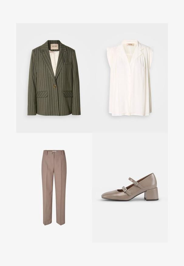 Blazer vert olive avec des rayures blanches verticales, fermeture à un seul bouton, deux poches avant et un col cranté.; Blouse sans manches blanche avec col, fermeture à boutons sur le devant et détails plissés aux épaules. Texture douce et design fluide.; Pantalons beige ajustés avec une coupe droite, dotés d'une fermeture à bouton et d'un devant plissé. Texture lisse et finition soignée.; Chaussure Mary Jane en cuir verni beige avec un bout pointu, deux sangles ajustables et un talon épais et carré. Texture lisse et matériel minimal.