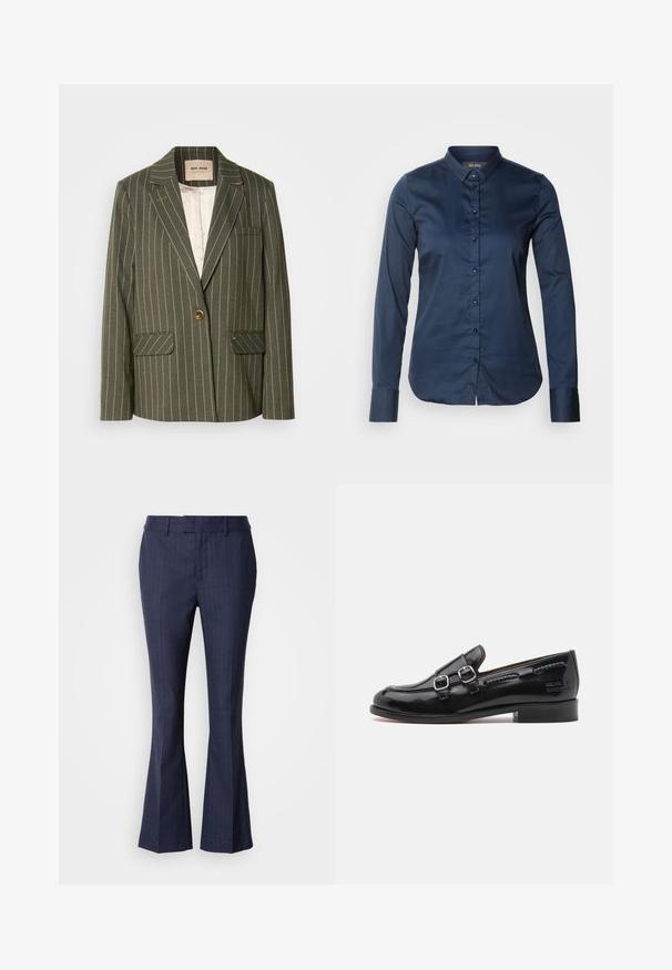 Oliven grøn blazer med hvide lodrette striber, enkelt knaplukning, to frontlommer og klapkrave-design.; Mørkeblå langærmet skjorte med knaplukning fortil, spidse krave og mansjetter. Glat overflade med tætsiddende design og lige kant.; Mos Mosh CARIE - Bukser - maritime blue; Sort laker af patentlæder med dobbelt sølvspændeaccent, let afrundet tå og en lav stablet hæl. Tekstureret sømdetalje langs overdelen.