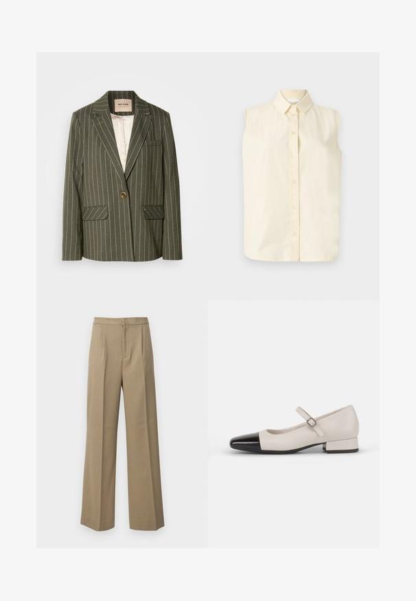 Blazer vert olive avec des rayures blanches verticales, fermeture à un seul bouton, deux poches avant et un col cranté.; Chemise sans manches boutonnière de couleur jaune pâle, ornée d'un col classique et de cinq boutons sur le devant, avec une finition en tissu lisse et texturé.; Pantalons larges beige en tissu texturé. Avec des plis sur le devant et une taille plate. Pas de fermetures ni de poches visibles.; Chaussure de style Mary Jane en cuir crème avec un bout en vernis noir. Présente un bout rond, une sangle de cheville avec une boucle carrée et un petit talon carré.
