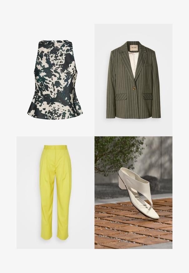 Oliven grøn blazer med hvide lodrette striber, enkelt knaplukning, to frontlommer og klapkrave-design.; Gestuz GZCERI P - Bluse - green ox; Samsøe Samsøe LUZY TROUSERS - Bukser - celery; Hvid læderhæl sandal med bred rem og tåpost, vist udendørs på en overflade med træ og grusfliser med grønt i baggrunden.