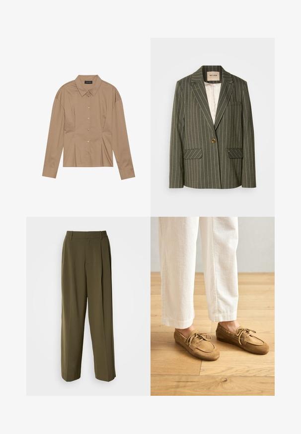 Blazer vert olive avec des rayures blanches verticales, fermeture à un seul bouton, deux poches avant et un col cranté.; Chemise marron à manches longues avec un col rabattu, fermeture à boutons sur le devant et détails de plis. Fabriquée en un tissu lisse avec un design ajusté.; Pantalons à jambes larges vert olive en tissu lisse, dotés d'une taille haute, de plis sur le devant et de poches latérales pour plus de fonctionnalité.; Bateaux en daim marron avec lacets, présentant un bout arrondi et des accents cousus. Portés avec un pantalon en velours côtelé blanc dans un environnement en bois.