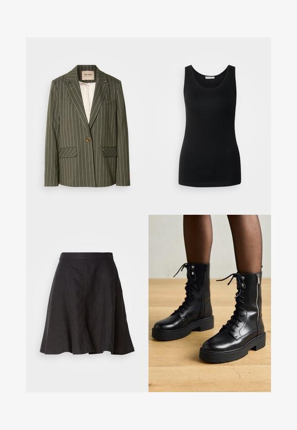 Olijfgroene blazer met witte verticale strepen, sluiting met één knoop, twee voorzakken en een notch-lapel ontwerp.; Zwarte mouwloze tanktop, gemaakt van gladde stof, heeft een klassieke ronde halslijn en een getailleerd ontwerp. Geen patronen of accenten.; Zwarte linnen rok met een uitlopende ontwerp, voorzien van een tailleband en naden. De stof heeft een licht gestructureerde afwerking en valt tot op de knie.; Zwarte leren veterschoenen met chunky zolen, zijrits en metalen oogjes. Gladde afwerking met variërende textuur op de schacht.
