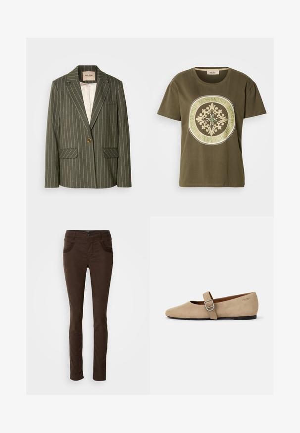 Olivgrüner Blazer mit weißen vertikalen Streifen, einreihiger Knopfverschluss, zwei Vordertaschen und Reverskragen.; Olivenfarbener Baumwoll-T-Shirt mit einer runden dekorativen Stickerei in Gold und Grün, die den Text "MOS MOSH" am Rand umgibt. Rundhalsausschnitt.; Braune, schlank geschnittene Stoffhosen aus Baumwollmischgewebe. Verfügt über eine dekorative Steppnaht an den Fronttaschen, einen Knopfverschluss und eine glatte Textur.; Beige Wildleder Mary Jane Ballerinas mit spitzer Zehe und einem verstellbaren Riemen mit einer silbernen Schnalle. Schwarze flache Sohle.