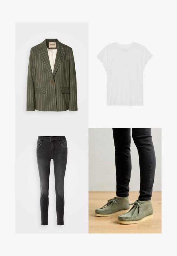 Olivgrüner Blazer mit weißen vertikalen Streifen, einreihiger Knopfverschluss, zwei Vordertaschen und Reverskragen.; Weißes kurzärmliges T-Shirt mit Rundhalsausschnitt, lockerer Passform, aus weichem Baumwollstoff. Glatte Textur, keine Muster oder Logos.; Schwarze Slim-Fit-Jeans aus Denim, mit einem frontalen Knopfverschluss, Nietenverzierungen an den Taschen und einer glatten Textur.; Grüne Wildleder-Stiefeletten mit weicher Sohle, die ein Schnürdesign und gestickte Details entlang der Kanten aufweisen. Tragen zu schwarzen Jeans.
