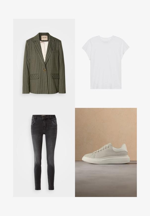 Olivgrüner Blazer mit weißen vertikalen Streifen, einreihiger Knopfverschluss, zwei Vordertaschen und Reverskragen.; Weißes kurzärmliges T-Shirt mit Rundhalsausschnitt, lockerer Passform, aus weichem Baumwollstoff. Glatte Textur, keine Muster oder Logos.; Schwarze Slim-Fit-Jeans aus Denim, mit einem frontalen Knopfverschluss, Nietenverzierungen an den Taschen und einer glatten Textur.; Beiger Sneaker mit weißer Sohle und Schnürsenkeln, platziert nahe einem Holztisch mit gestapelten Büchern in einem neutral gestalteten Wohnzimmer.