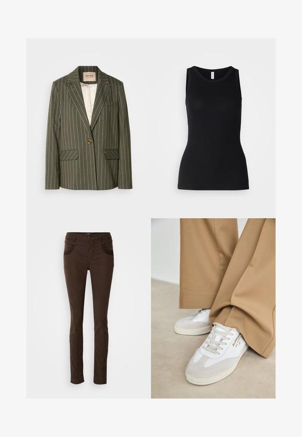 Olivgrüner Blazer mit weißen vertikalen Streifen, einreihiger Knopfverschluss, zwei Vordertaschen und Reverskragen.; Schwarzes ärmelloses Tanktop aus geripptem Stoff, mit rundem Ausschnitt und figurbetontem Design, glatter Textur und ohne Muster.; Braune, schlank geschnittene Stoffhosen aus Baumwollmischgewebe. Verfügt über eine dekorative Steppnaht an den Fronttaschen, einen Knopfverschluss und eine glatte Textur.; Weiße Sneakers mit Wildlederakzenten, strukturierten Schnürsenkeln und einer Gummisohle. Kombiniert mit lockeren, sandfarbenen Hosen. Logo an der Seite angebracht.