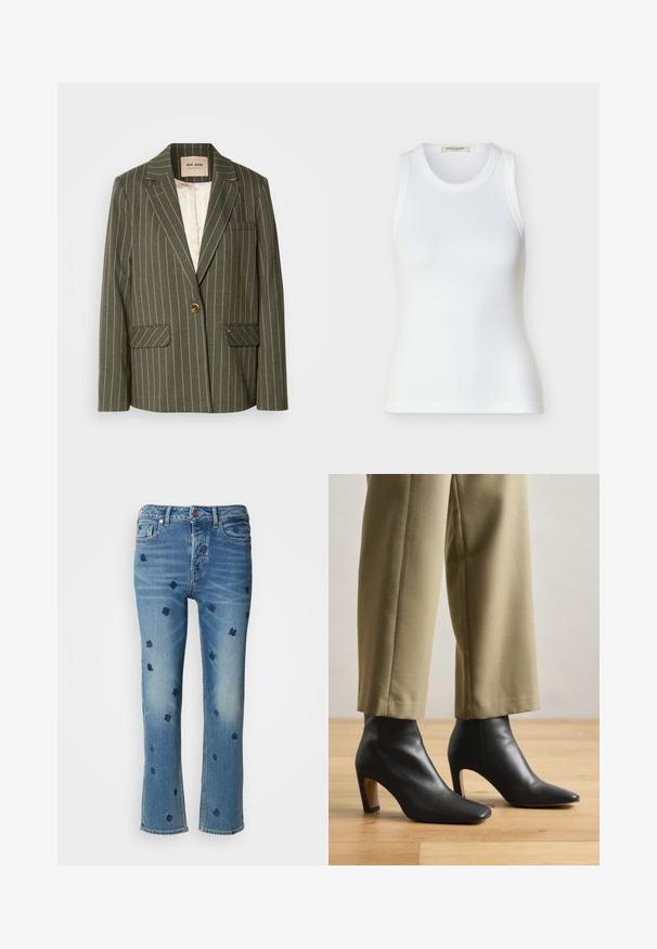 Oliven grøn blazer med hvide lodrette striber, enkelt knaplukning, to frontlommer og klapkrave-design.; Hvid ribbet ærmeløs tanktop med rund halsudskæring, tætsiddende pasform og Scotch & Soda mærke indeni kraven.; Lysblå denimjeans med lige ben, prydet med marineblå blomsterbroderi og slitageeffekter nær lommerne og kanten.; Sorte læder ankelstøvler med spids tå, firkantet hæl og en glat overflade, parret med beige skræddersyede bukser.
