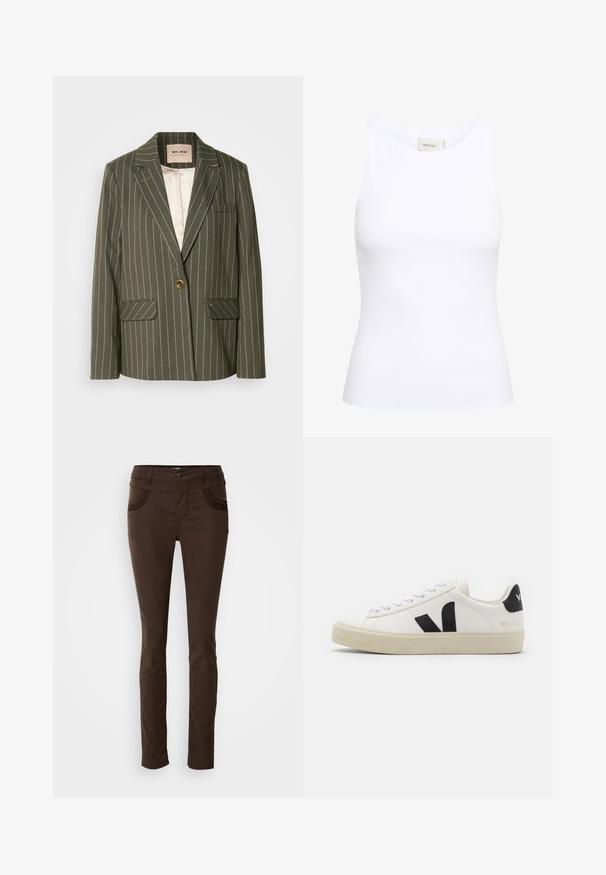 Blazer vert olive avec des rayures blanches verticales, fermeture à un seul bouton, deux poches avant et un col cranté.; Débardeur blanc côtelé avec un col rond et sans manches. Tissu extensible et design ajusté. Étiquette au dos indiquant "GESTUZ."; Pantalons marron ajustés en tissu mélangé coton. Présente des poches avant avec des coutures décoratives, une fermeture à bouton et une texture lisse.; Baskets en cuir blanc avec un logo V en caoutchouc noir. Semelle texturée blanc cassé, lacets blancs et détail sur le talon arrière portant le nom de la marque en noir.