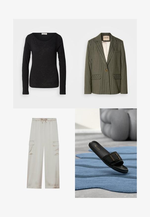 Oliven grøn blazer med hvide lodrette striber, enkelt knaplukning, to frontlommer og klapkrave-design.; Sort langærmet top lavet af et let, tekstureret stof. Har en scoop-halsudskæring og en tætsiddende silhuet med minimal detaljering.; Beige cargo bukser lavet af glat stof med elastisk talje og snor, der har to sidelommer og brede ben.; Sort slidesandal med guldlås ligger på blåt tekstureret tæppe, grå puder er slørede i baggrunden.