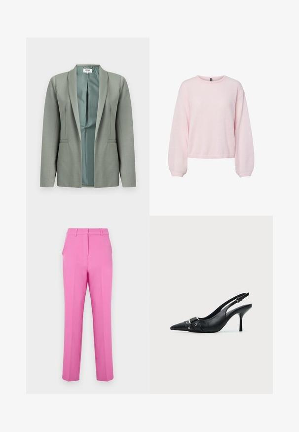 Veste blazer gris clair à ouverture frontale, manches longues, col châle, doublure intérieure lisse visible, présentée sur un fond blanc.; Pull tricoté rose clair avec manches ballon longues, poignets côtelés, encolure ronde et ourlet légèrement raccourci.; Pantalons tailleur roses avec une texture lisse, devant plat et poches latérales. Présentent une coupe droite et des passants de ceinture.; Escarpin slingback à talon haut en cuir noir avec bout pointu, boucle et détail de bride œillet à l'avant.