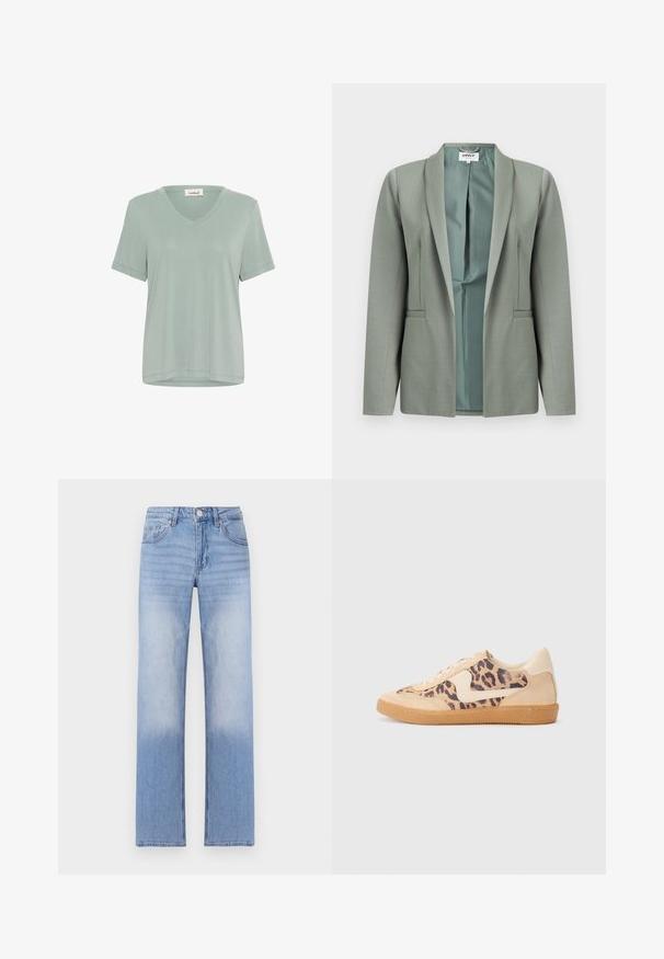 Hellgrauer Blazer mit offenem Vorderteil, langen Ärmeln, Schalkragen und sichtbarem, glattem Innenfutter, vor weißem Hintergrund dargestellt.; Weiches, hellgrünes T-Shirt mit V-Ausschnitt und kurzen Ärmeln. Hergestellt aus glattem Stoff, mit lockerer Passform und minimalen Nähten.; Hellblaue Denim-Jeans mit geradem Bein, ausgestattet mit einer ausgeblichenen Waschung im unteren Bereich und klassischem Fünf-Taschen-Design.; Löwenmuster-Sneaker mit beige Wildleder-Obermaterial, tanfarbener Gummisohle und weißen Akzenten. Runde Zehenform und Schnürdesign mit strukturiertem Finish.