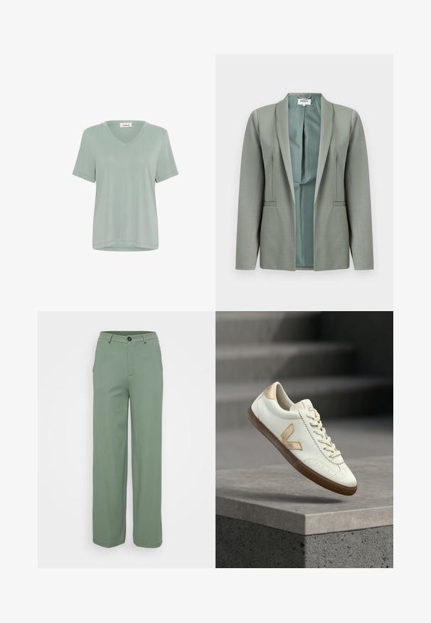 Hellgrauer Blazer mit offenem Vorderteil, langen Ärmeln, Schalkragen und sichtbarem, glattem Innenfutter, vor weißem Hintergrund dargestellt.; Weiches, hellgrünes T-Shirt mit V-Ausschnitt und kurzen Ärmeln. Hergestellt aus glattem Stoff, mit lockerer Passform und minimalen Nähten.; Weite Hosen aus einem hellgrünen Stoff mit einer glatten Textur. Verfügt über einen vorderen Knopfverschluss und zwei Seitentaschen.; Weißer Ledersneaker mit goldfarbenen Akzenten, strukturierter Gummisohle und klassischer Schnürung. Die Seite zeigt ein markantes "V"-Logo in einem beigefarbenen Ton.