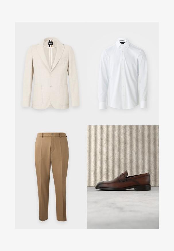 Lyse beige blazer lavet af tekstureret stof, med slagkrave, to-knap lukning og to forlommer. Designermærke synligt indeni.; Hvid langærmet skjorte med en struktureret krave, der har et subtilt teksturmønster, knaplukning og afrundet kant.; Brune skræddersyede bukser med lige snit, enkelt plissé, bæltestropper og frontknaplukning. Glat stof med en mat overflade.; Brun læder herreloafer med perforeret front og spænde-detalje, placeret over beige tæppe, med et rundt blankt brunt bord i baggrunden.