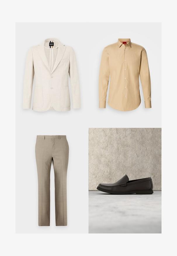 Lyse beige blazer lavet af tekstureret stof, med slagkrave, to-knap lukning og to forlommer. Designermærke synligt indeni.; Beige skjorte med knapper lavet af glat stof, med klassisk krave, lange ærmer og subtil tekstur med hvide knapper.; Beige skræddersyede bukser med en glat tekstur, lige ben, subtilt ternet mønster og flad front. To baglommer inkluderet.; Mørkebrun læderloafers med en rund tå, diskrete syninger og en lav gummisål. Glat tekstur med en fleksibel pasform.