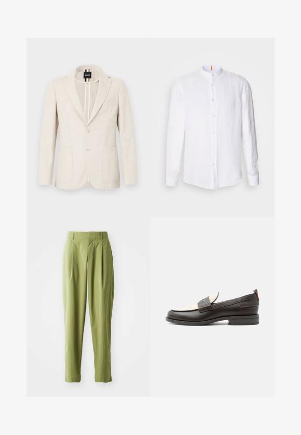 Lyse beige blazer lavet af tekstureret stof, med slagkrave, to-knap lukning og to forlommer. Designermærke synligt indeni.; Hvid linnedskjorte med mandarin-krave, frontknaplukning, lange ærmer og en subtil tekstur. Markant orange accent på kraven.; Lys grønne bukser lavet af et struktureret stof, med en lige form, folder foran og en standard talje.; Mørkebrune herresko i læder med cremefarvet stofpanel og klassisk syning på remmen, flad sål og trækskærm ved hælen.