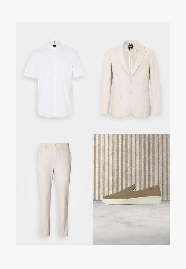 Lyse beige blazer lavet af tekstureret stof, med slagkrave, to-knap lukning og to forlommer. Designermærke synligt indeni.; Hvid kortærmet skjorte med knapper lavet af bomuld, med en enkelt brystlomme, klassisk krave og subtile syningsdetaljer.; Beige bukser med slim fit, der har en frontknaplukning, flad frontdesign og lige ben, lavet af glat bomuldsblandingsstof.; Beige slip-on sko med hvid sål, vist i luften over et lyst tæppe med ravfarvet gennemsigtigt møblement i baggrunden.