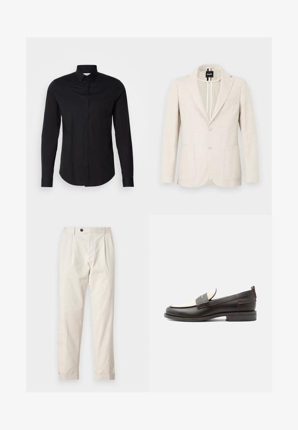 Lyse beige blazer lavet af tekstureret stof, med slagkrave, to-knap lukning og to forlommer. Designermærke synligt indeni.; Sort langærmet skjorte med spids krave, knaplukning fortil og buet kant. Fremstillet af glat stof uden synlige mønstre eller detaljer.; Cremefarvede bukser med skræddersyet pasform, der har en enkelt knaplukning, plisseret front og opholdte ben. Fremstillet af letvægtsstof.; Mørkebrune herresko i læder med cremefarvet stofpanel og klassisk syning på remmen, flad sål og trækskærm ved hælen.