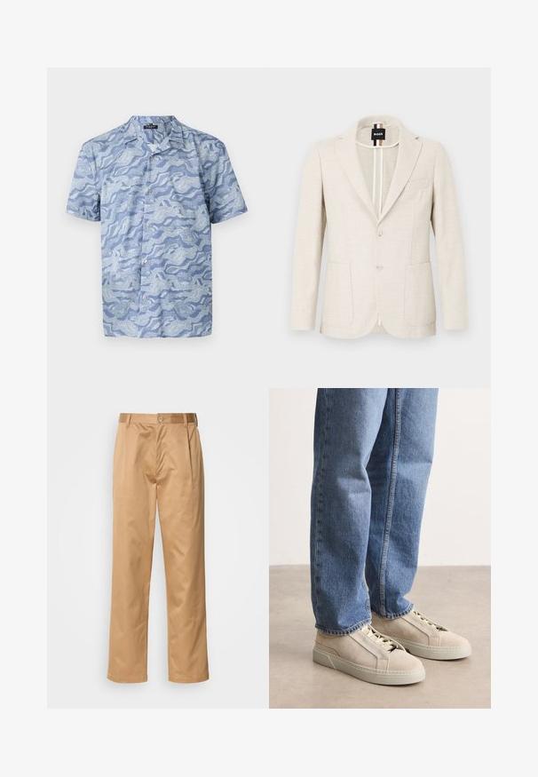 Lyse beige blazer lavet af tekstureret stof, med slagkrave, to-knap lukning og to forlommer. Designermærke synligt indeni.; Kortærmet skjorte i lys blå med et bølgemønster. Lavet af blødt stof, med en knappet front og en camp-style krave.; Khaki bukser, blanding af bomuld, lige ben-design, frontfald, bæltesløjfer og knaplukning. Glat tekstur uden mønstre.; BOSS GARYTENN_SDHDEL - Sneakers - natural ten