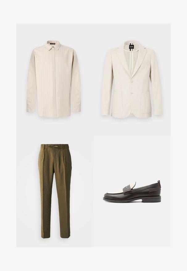 Lyse beige blazer lavet af tekstureret stof, med slagkrave, to-knap lukning og to forlommer. Designermærke synligt indeni.; Lyse beige langærmet skjorte med knapkrave, der har lodrette striber, lige snit og enkeltknapsmanchetter.; Olivenfarvede bukser lavet af blødt materiale, med en afslappet pasform, plisseret front og elastisk talje med en matchende snor.; Mørkebrune herresko i læder med cremefarvet stofpanel og klassisk syning på remmen, flad sål og trækskærm ved hælen.