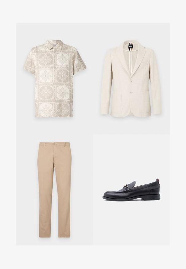 Lyse beige blazer lavet af tekstureret stof, med slagkrave, to-knap lukning og to forlommer. Designermærke synligt indeni.; Kortærmet skjorte med knapper i beige med et gentaget blomsterdesign. Fremstillet af et let stof med et naturligt, struktureret udseende.; Beige bukser lavet af bomuld med lige ben, der har en frontknaplukning, sidelommer og subtile teksturdetaljer.; Sort lædermokasin med grå tekstureret forfod, sølvfarvet metalspænde, lav hæl og trækflap bagpå.