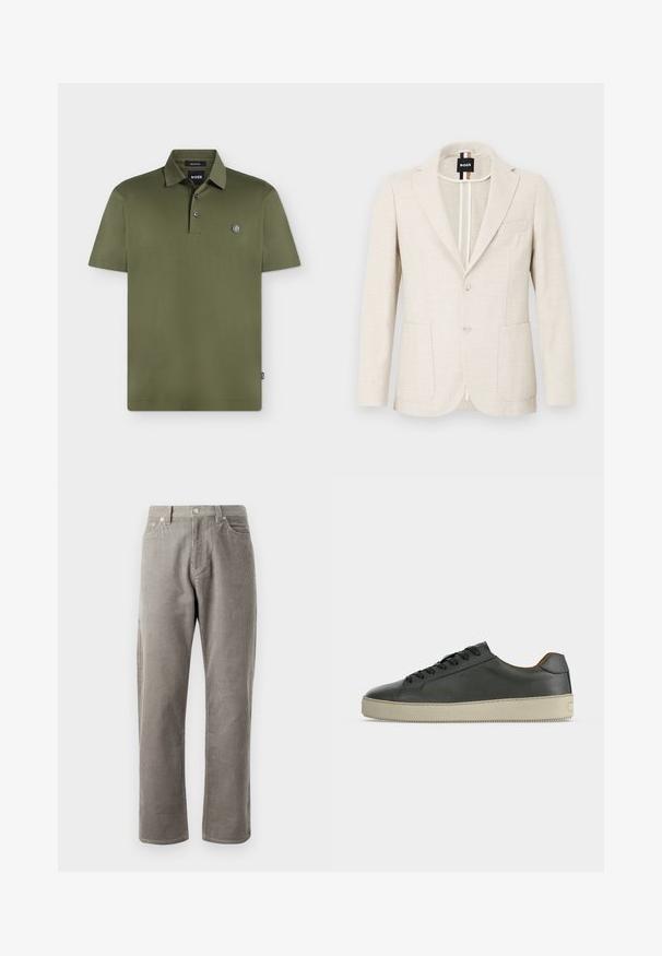 Ανοιχτό μπεζ σακάκι φτιαγμένο από υφή υφάσματος, με άνισα πέτα, κλείσιμο με δύο κουμπιά και δύο μπροστινές τσέπες. Ορατή ετικέτα σχεδιαστή στο εσωτερικό.; Κοντομάνικη πόλο μπλούζα σε ελιά πράσινη απόχρωση με δύο κουμπιά και μικρό στρογγυλό λογότυπο στο αριστερό στήθος, με το λογότυπο BOSS μέσα στον γιακά.; Γκρίζες παντελόνες κοτλέ με ίσια γραμμή, που διαθέτουν ψηλή μέση, μπροστινές τσέπες και διακριτή κάθετη ριβέ εμφάνιση.; Λευκό χαμηλό υπόδημα από μαύρο δέρμα με μαύρα κορδόνια και εκρου λαστιχένια σόλα, από τη εξωτερική πλευρά σε λευκό φόντο.