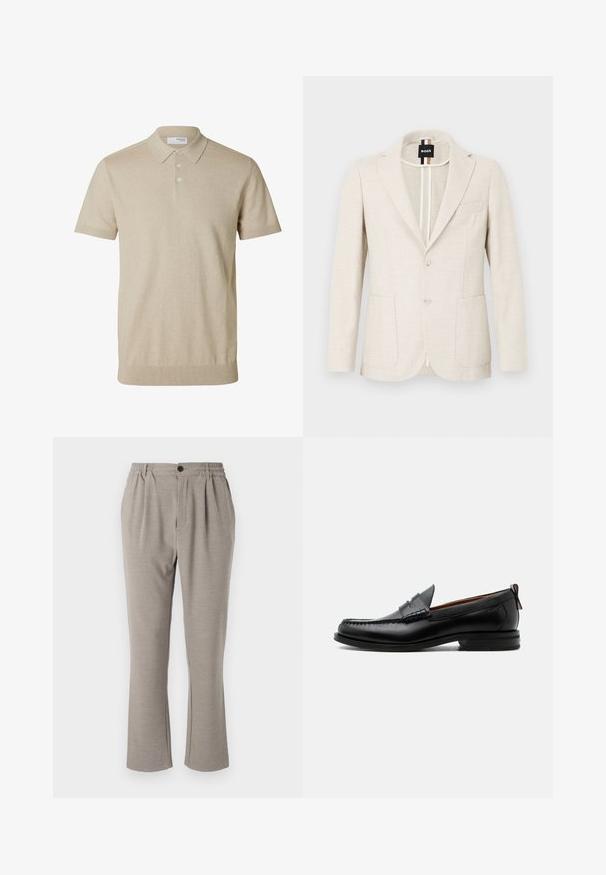 Lyse beige blazer lavet af tekstureret stof, med slagkrave, to-knap lukning og to forlommer. Designermærke synligt indeni.; Beige kortærmet polo med krave og tre knapper, ribkant ved ærmer og nederkant, ensfarvet strikstof.; Lyse grå bukser med en afslappet pasform, lavet af blødt stof, med elastisk talje, plisseringer og en enkelt knaplukning.; Sort læder herre loafer med moc-tå syning, penny strop, struktureret krave og lav stablet hæl på hvid baggrund.