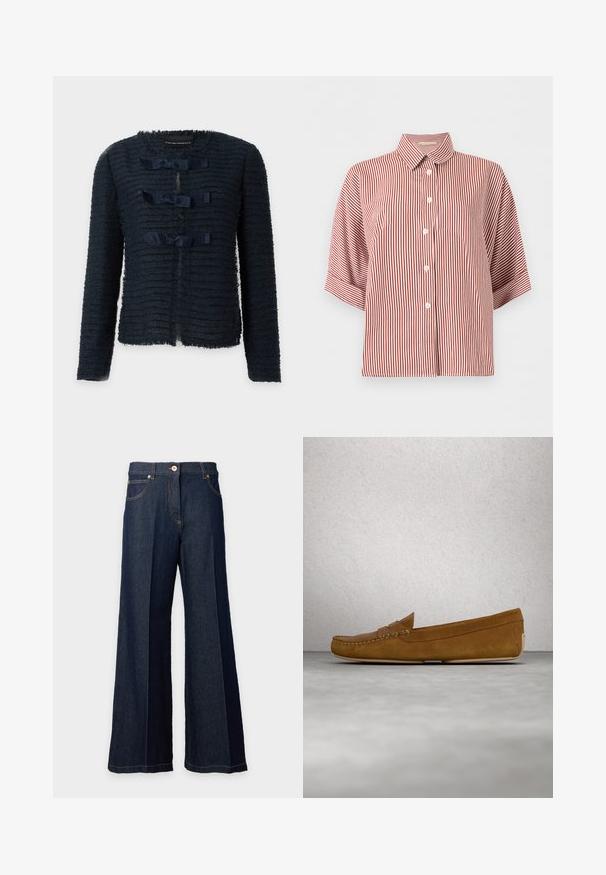 Veste bleu marine texturée à manches longues, col rond et trois fermetures devant avec nœuds en ruban, sans poches ni boutons visibles, fond uni.; Chemise à manches courtes rayée verticalement rouge et blanche, boutonnée, avec un col classique.; Jean en denim bleu foncé à jambes larges, avec bouton sur le devant et poches, présenté sur fond blanc.; Mocassins en cuir suédé marron avec un couturessé, semelle plate et bout rond. Design simple avec une petite bande décorative sur le devant.