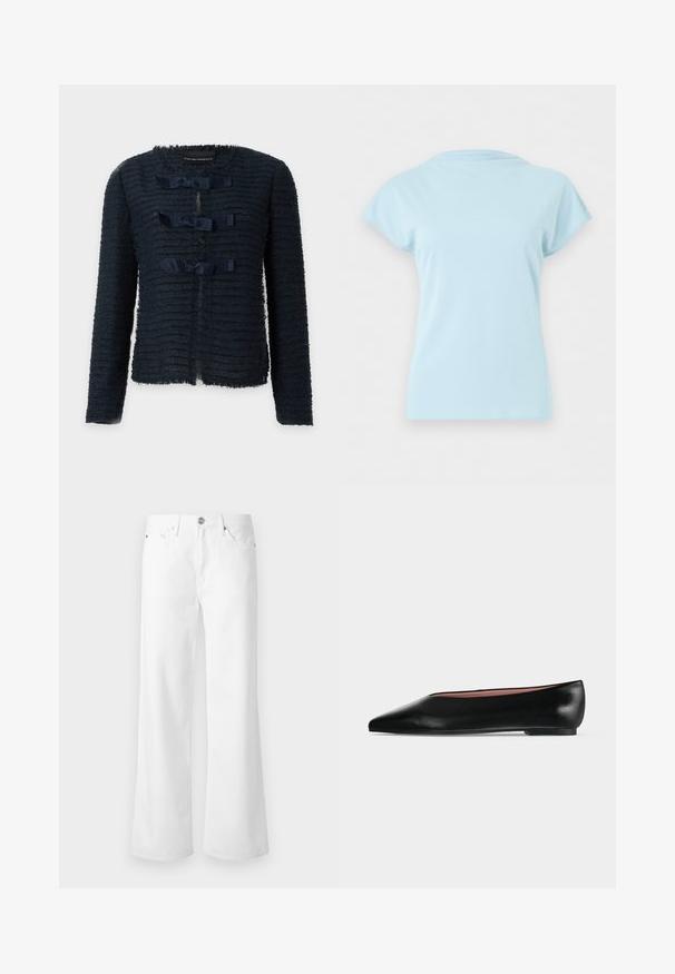 Veste bleu marine texturée à manches longues, col rond et trois fermetures devant avec nœuds en ruban, sans poches ni boutons visibles, fond uni.; T-shirt bleu clair à manches courtes et col rond, présenté à plat sans logos ni motifs visibles sur un fond blanc uni.; Jean blanc taille haute à jambes larges avec bouton à l'avant, fermeture éclair et style à cinq poches sur un fond clair uni.; Chaussure plate en cuir noir pour femme, avec bout pointu et petit talon, vue de côté sur un fond gris clair uni.