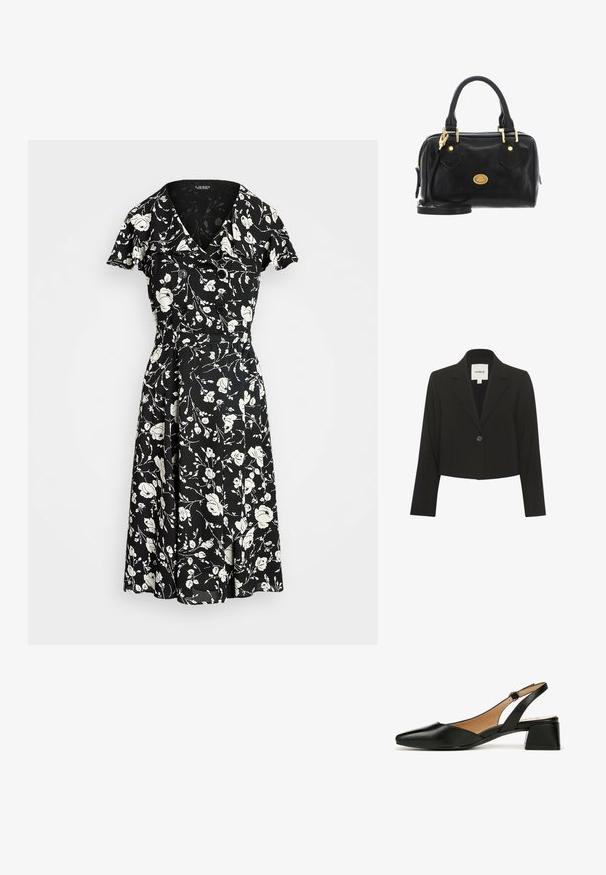 Zwarte cropped blazer van soepel materiaal, met lange mouwen, een notch-kraag en een enkele knoopsluiting aan de voorkant.; Zwarte jurk met een wit bloemenpatroon, korte mouwen, V-hals en knoopaccenten. A-lijn rok voor een luchtige pasvorm. Materiaal lijkt lichtgewicht.; Naturalizer NATURALIZER SANDALS JAYLA - Klassieke pumps - black leather; The Bridge STODO - Handtas - nero abb oro