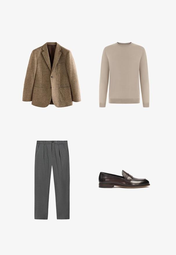 Bruine tweedblazer met een notch-revers, twee voorzakken en een knoopsluiting. Getextureerde stof met een geweven patroon, gedeeltelijk gevoerd.; Beige trui met lange mouwen, gemaakt van zacht, fijngebreid materiaal. Voorzien van een ronde hals en geribbelde boorden aan de mouwen en zoom voor een aansluitende pasvorm.; Grijze formele broek met plooien, zijzakken, een knoop aan de voorkant en ritssluiting, plat weergegeven op een witte achtergrond.; Donkerbruine leren loafers met een ronde neus, verhoogde stiksels en een lichte hak. Gladde textuur en klassiek ontwerp.