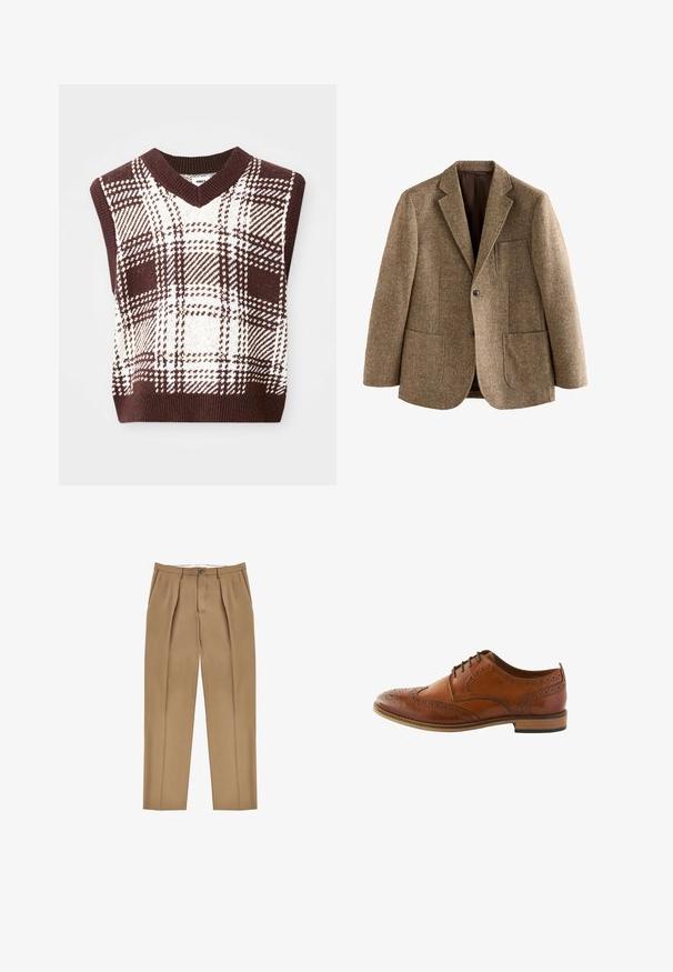 Blazer de tweed marrón con solapa de muesca, dos bolsillos delanteros y cierre con botones. Tejido texturizado con patrón tejido, parcialmente forrado.; Suéter de punto sin mangas a cuadros en marrón y crema con diseño de escote en V y dobladillo acanalado, que presenta varios patrones y texturas de cuadros.; Pantalones beige ajustados con un corte recto, que cuentan con pliegues frontales, un cierre de botón único y bolsillos laterales. Textura de tela suave.; Zapato brogue de cuero marrón con perforaciones detalladas, punta redondeada, diseño de cordones y suela de madera marrón medio.