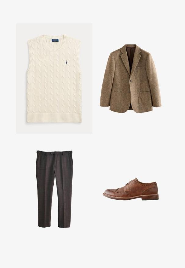 Brun tweed blazer med notch revers, to forlommer og knaplukning. Tekstureret stof med vævet mønster, delvist foret.; Kremfarvet kabelstrikket ærmeløs sweatervest med ribkanter og lille mørkeblå Polo Ralph Lauren-logo på venstre bryst.; Mørkegrå formelle bukser med subtilt vinduesrude-mønster, forknap og sidelommer, vist fladt på en hvid baggrund.; Brun læder herre wingtip oxford sko med brogue-detaljer og stablet træsål, vist i sideprofil på hvid baggrund.