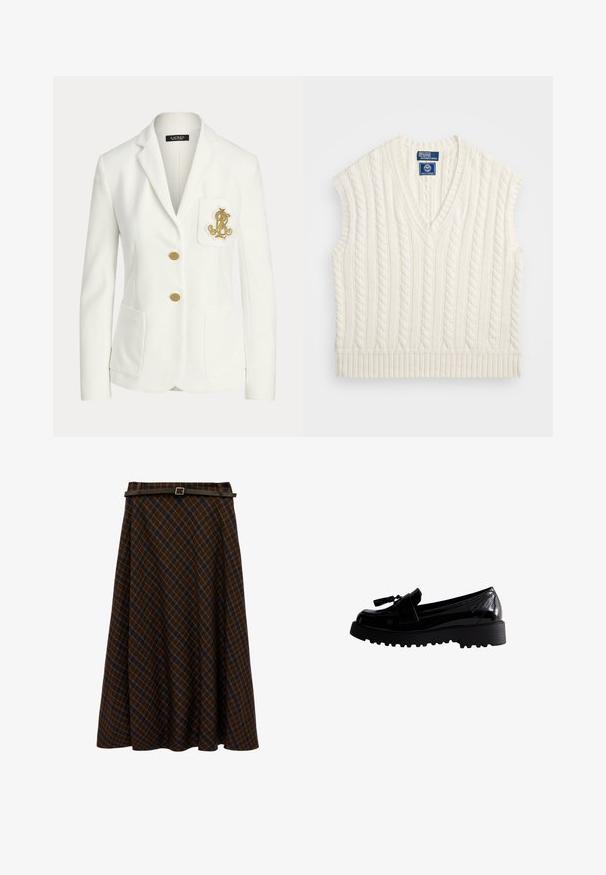 Blazer blanc ajusté avec revers crantés, deux boutons dorés, poches plaquées devant et un emblème doré brodé sur la poche poitrine.; Gilet sans manches en tricot torsadé crème avec un col en V et une finition côtelée. Présente un motif texturé et une étiquette logo sur le col.; Jupe midi à carreaux marron et bleu marine en forme trapèze avec une fine ceinture marron foncé à boucle argentée à la taille.; Des mocassins en cuir verni noir avec une semelle à crampons épaisse, présentant un gland décoratif et un design élégant, mettant en valeur une finition lisse et brillante.