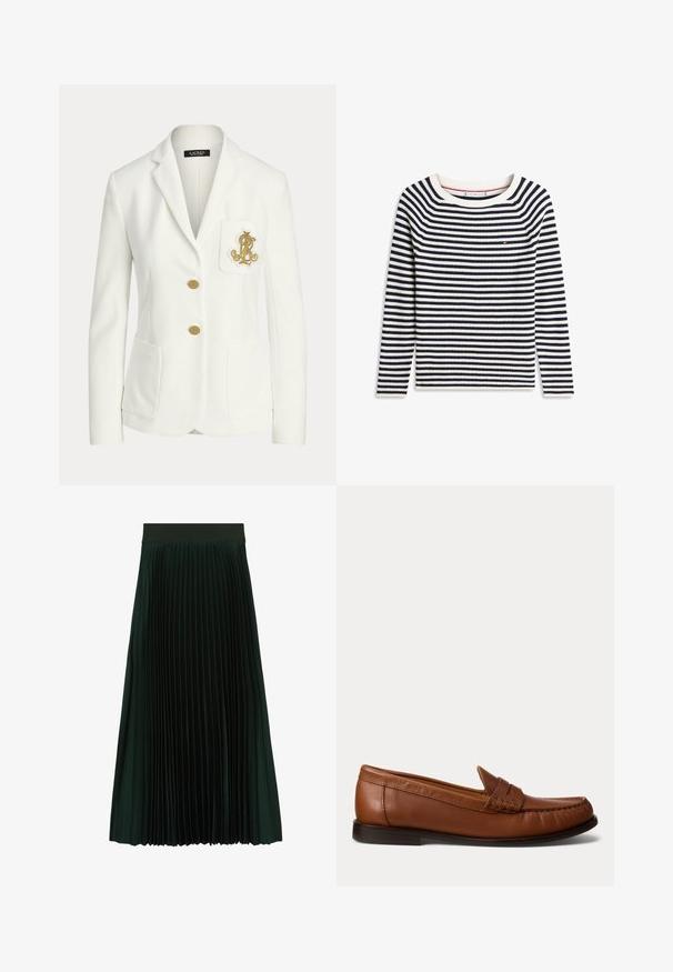 Blazer blanco a medida con solapas con muesca, dos botones dorados, bolsillos delanteros de parche y un emblema dorado bordado en el bolsillo del pecho.; Jersey de manga larga a rayas navy y blancas con un escote redondo y un pequeño detalle de logo en el pecho. Textura de tejido de punto.; Falda midi plisada de color verde oscuro con una cintura ancha, diseñada para un ajuste fluido y estructurado.; Zapato tipo mocasín de cuero marrón con un tacón bajo negro, costura de moca y una correa decorativa en la parte superior, mostrado sobre un fondo blanco.