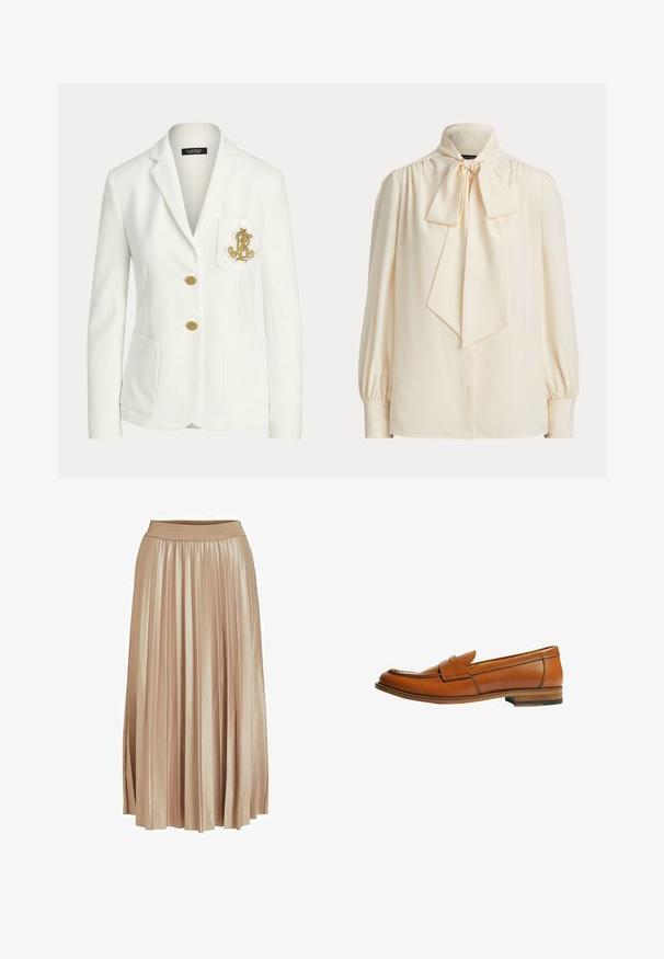 Blazer blanc ajusté avec revers crantés, deux boutons dorés, poches plaquées devant et un emblème doré brodé sur la poche poitrine.; Blouse crème à manches longues avec col montant et grand nœud noué au cou, épaules froncées et poignets boutonnés.; Jupe midi plissée en satin beige clair. Dotée d'une large taille élastique et de plis verticaux élégants sur toute sa longueur.; Mocassin en cuir marron avec talon plat, bout arrondi et une bride décorative traversant le dessus. Texture lisse avec un détail de couture contrastée.