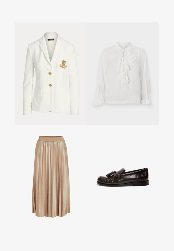 Blazer blanc ajusté avec revers crantés, deux boutons dorés, poches plaquées devant et un emblème doré brodé sur la poche poitrine.; Blouse blanche à manches longues avec des détails froncés à l'avant, col haut et poignets froncés. Fabriquée en tissu léger, offrant une texture douce.; Jupe midi plissée en satin beige clair. Dotée d'une large taille élastique et de plis verticaux élégants sur toute sa longueur.; Mocassin en cuir marron foncé avec pampille, couture mocassin, semelle noire plate et petit logo doré sur le côté du talon.