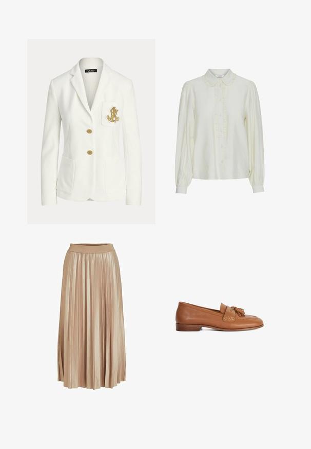 Blazer blanc ajusté avec revers crantés, deux boutons dorés, poches plaquées devant et un emblème doré brodé sur la poche poitrine.; Blouse en crème avec un col à volants, fermeture à boutons sur le devant, manches bouffantes longues et un tissu doux et texturé. Design élégant et minimaliste.; Jupe midi plissée en satin beige clair. Dotée d'une large taille élastique et de plis verticaux élégants sur toute sa longueur.; Mocassins en cuir couleur tabac avec un bout arrondi, ornés d'un détail de pampille à l'avant, des accents cousus, et un petit talon en bois. Texture de surface lisse.