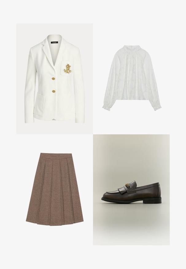 Blazer blanc ajusté avec revers crantés, deux boutons dorés, poches plaquées devant et un emblème doré brodé sur la poche poitrine.; Blouse blanche à manches longues, avec un motif floral texturé, un décolleté froncé et des poignets élastiques. Tissu doux et léger.; Jupe plissée en tissu marron à motif en chevrons, dotée d'une taille ajustée et d'une silhouette évasée, offrant une texture et un design structurés.; Mocassin en cuir marron foncé avec détail à franges et boucle dorée sur semelle noire, vu de côté sur un fond neutre.