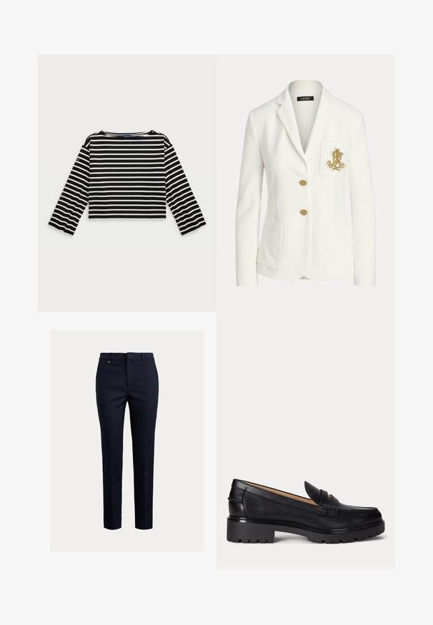 Hvid skræddersyet blazer med hakkede revers, to guldknapper, forlommer med påsyede lapper og et broderet guldemblem på brystlommen.; Sorte og hvide stribede langærmede crop top med rund halsudskæring. Har blødt stof og et logo-patch på venstre ærme.; Marineblå chinos lavet af bomuldsblanding med et tilspidset fit, flad front, sidelommer og en enkelt baglomme; har et lille guldlogo.; Sort læderloafer med grov rillede såler, lav hæl og dekorativ rem over fronten.
