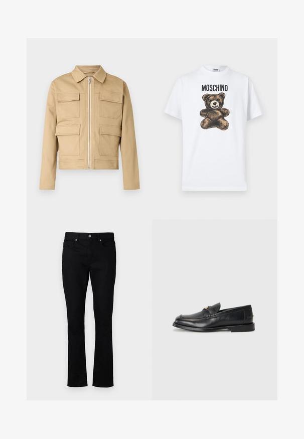 Beige cropped -takki, valmistettu kestävästä kankaasta, jossa on kaulus, edessä vetoketjusuljenta ja neljä suurta läppätaskua.; Valkoinen puuvillainen t-paita, jossa on ruskean nallen kuva, jolla on suuret silmät ja kirjailtu suu, sekä rohkealla mustalla tekstillä merkintä "MOSCHINO".; Mustat farkut suoralla lahkeella, joissa on keskikorkea vyötärö, viisi taskua ja metalliset yksityiskohdat. Pehmeä rakenne.; Mustat nahkaiset loaferit, joissa on pyöreä varvas, tikatut yksityiskohdat ja pieni kultainen yksityiskohta edessä. Pohja on litteä ja huomaamaton.