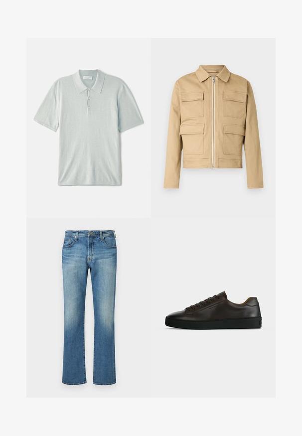 Beige cropped jakke lavet af robust stof, med krave, lynlås foran og fire store klaplommer.; Lys blå polo shirt lavet af blødt stof, med klassisk krave, tre-knaps lukning og korte ærmer. Minimalistisk design.; Blå denimbukser, lige ben design med en falmet vask, med en klassisk fem-lommes stil og metalhardware detaljer.; Lavprofil mørkebrune lædersneaker med sort gummisål, snørelukning foran og glat minimalistisk design på lys baggrund.