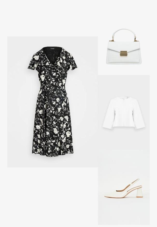 Veste blanche courte avec manches trois-quarts et fermeture éclair sur le devant, présentée sur un fond gris clair uni.; Robe noire avec motif floral blanc, manches courtes, décolleté en V et accents de boutons. Jupe évasée pour un ajustement fluide. Le matériau semble léger.; Chaussure slingback en cuir verni blanc avec un bout pointu et un talon bloc géométrique. L'intérieur présente une semelle intérieure beige et des découpes latérales minimalistes.; Sac à main en cuir blanc avec une forme structurée, doté d'un rabat pliant, d'une fermeture à fermoir en métal doré et d'une petite anse. Texture lisse, coutures minimales.