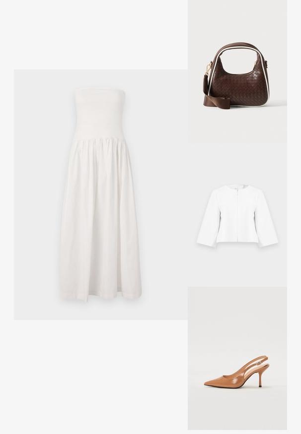 Veste blanche courte avec manches trois-quarts et fermeture éclair sur le devant, présentée sur un fond gris clair uni.; Robe maxi blanche sans bretelles avec un corsage ajusté, une taille froncée et une jupe fluide. Fabriquée dans un tissu léger et lisse.; Escarpin à talon slingback à bout pointu en matériau beige lisse et brillant. Présente un design de découpes courbées et un talon aiguille fin. Détail de boucle en argent.; Sac à main en cuir tressé marron avec passepoil blanc, fermeture éclair dorée et bandoulière amovible en tissu marron.