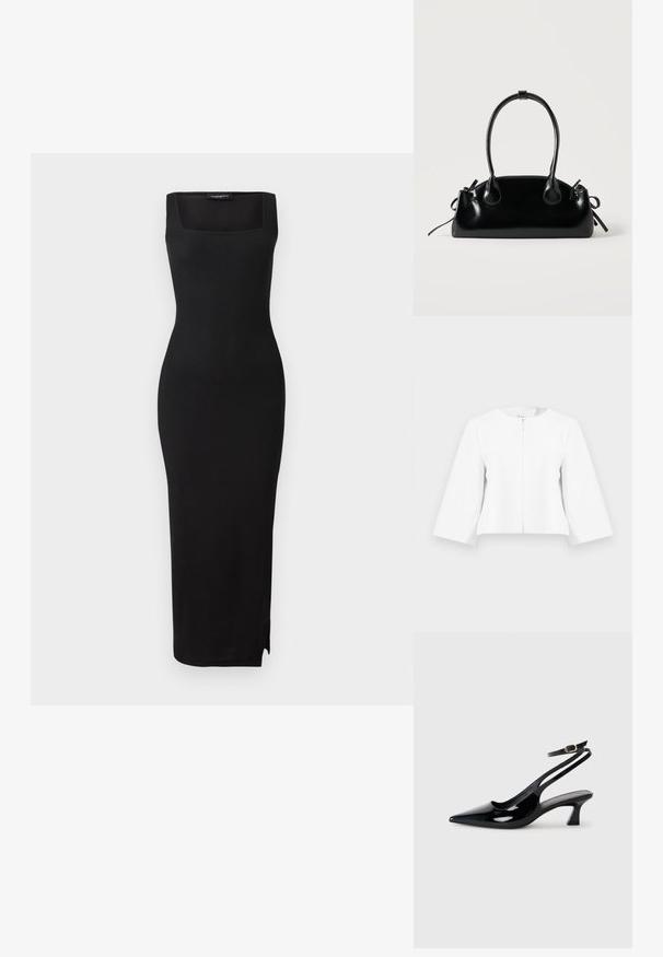 Weiße, kurz geschnittene Jacke mit dreiviertel Ärmeln und einem Reißverschluss vorne, dargestellt vor einem schlichten, hellgrauen Hintergrund.; Schwarzes, geripptes Strick-Midi-Kleid mit quadratischem Ausschnitt, taillierter Silhouette und seitlichem Schlitz. Das Material hat eine glatte Textur. Einfaches Design.; Schwarze Lackleder Slingback-Absätze mit spitzem Schuhblatt, niedrigem Blockabsatz und verstellbarem Knöchelriemen mit goldener Schnalle.; Kleine schwarze glänzende Handtasche mit zwei langen Griffen und seitlichen Kordelzug-Details vor einfachem hellem Hintergrund.