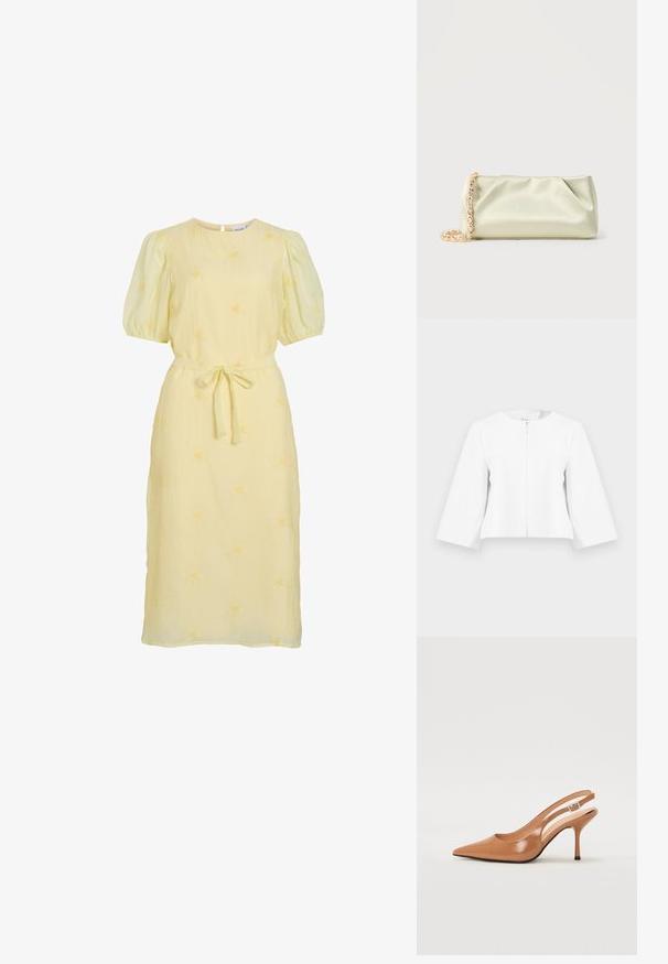 Witte cropped jas met driekwartmouwen en een ritssluiting aan de voorkant, weergegeven op een effen lichtgrijze achtergrond.; Lichtgele midi-jurk met pofmouwen, ronde halslijn, stoffen riem geknoopt om de taille en subtiele bloemenborduursels overal.; Puntige slingback hak in een glad, glanzend beige materiaal. Bevat een gebogen uitsnijdontwerp en een slanke stiletto hak. Zilveren gesp detail.; Zacht lichtgroene satin clutch tas met gouden en kristallen kettingriem, rechthoekige vorm met zachte plooien op een effen achtergrond.