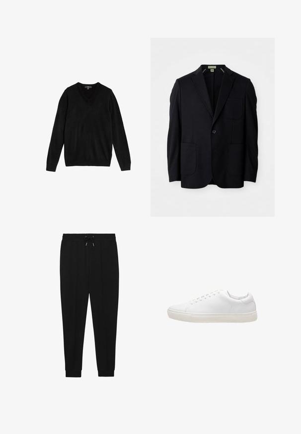 Blazer negro de un solo botón con solapas de muesca, tres bolsillos de parche y cierre de un botón, presentado sobre un fondo blanco.; Suéter negro con cuello en V hecho de tejido suave y de punto. Mangas largas, puños y bajo acanalados, diseño sencillo sin patrones ni detalles.; Pantalones deportivos negros con cintura ajustable, piernas ajustadas y puños acanalados. Hechos de una tela suave con una textura lisa.; Zapatilla de cuero blanco con textura suave, puntera redonda, cierre de cordones y suela de goma plana. Diseño minimalista sin patrones visibles.