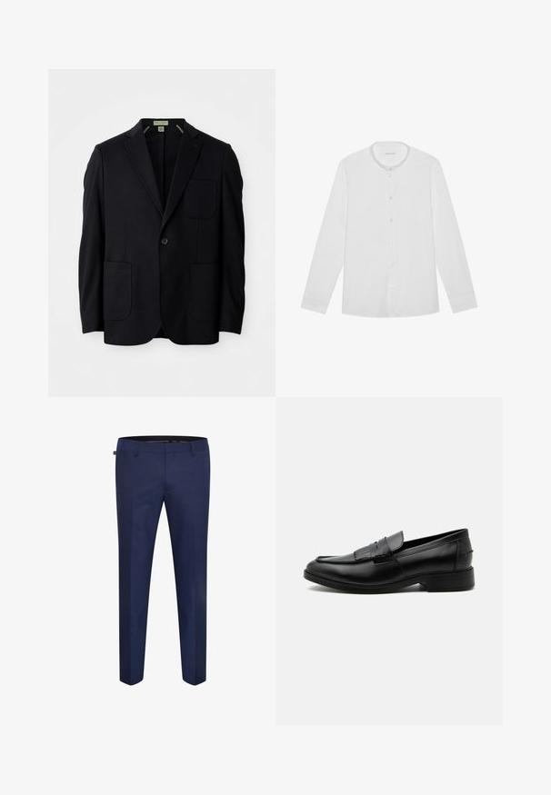 Zwarte enkelknop blazer met notch revers, drie opgestikte zakken en een knoopsluiting, tentoongesteld op een witte achtergrond.; Witte lange mouwknop-shirt met een mandarin kraag en een enkele borstzak, plat gelegd op een effen achtergrond.; Marineblauwe op maat gemaakte broek van een gladde stof, met een slanke pasvorm en een vlakke voorkant zonder zichtbare zakken of versieringen.; Zwarte leren herensloffen met kwastdetail, afgeronde neus, lage hak en glad gepolijst oppervlak, zij-aanzicht op een witte achtergrond.