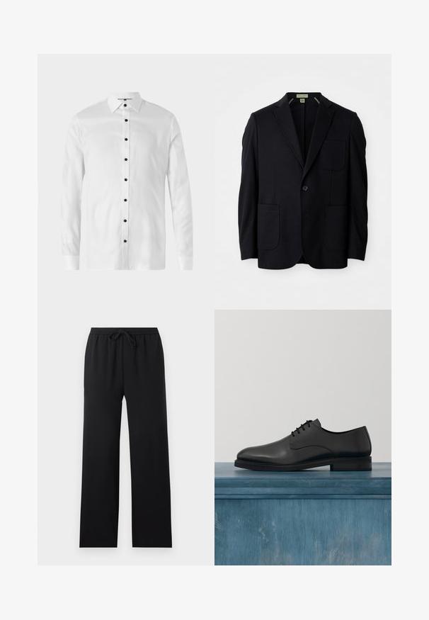Sort enkeltstående blazer med revers og notcher, tre påsyede lommer og en knaplukning, præsenteret på en hvid baggrund.; Hvid langærmet skjorte med knapper i sort, klassisk krave og en glat tekstur, designet til en slank pasform.; Sorte løstsiddende bukser med elastisk talje og forreste snor, lige ben, ensfarvet design, vist på en neutral baggrund.; Sorte læderdress sko med en glat overflade, snørebåndsdesign, rund tå og en kontrastfarvet stikning omkring sålen.